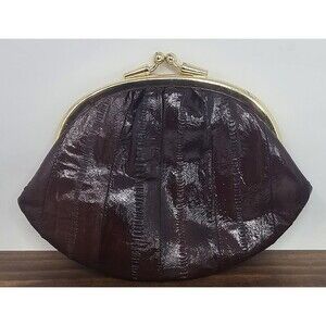 Vtg Eel Skin Leather Double Kiss Lock Brown Gold Coin Change Clutch Wallet 7x5.5